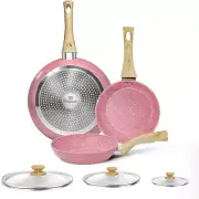 Nonstick Frying Pan Set with Lid, 8" 9.5" and 11" Non Stick Frying Pan Set, Pink