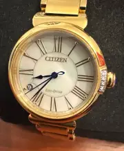 Ladies' Citizen Eco-Drive® L Mae Diamond Accent Gold-Tone Watch with Mother-of-P