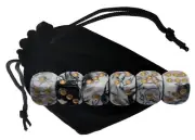 Set of (6) 16mm Pearlized Dual Color White Black Dice Gold Pips + Storage Pouch