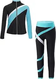 [FEESHOW] Girls Figure Skating Clothes Set Long Sleeve Training Jacket with Pant Training Suit Sportwear