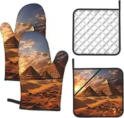 4 pcs Oven Mitts and Pot Holders Set 500°F Heat Resistant Oven Gloves and Hot Pads Kitchen Mittens Egyptian Pyramids Cooking Gloves Potholders for Baking Grilling