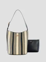 GUESS Navy Stripe Nicolette Large Bucket Shoulder Bag, Cotton