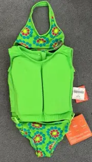 Lands End Girls 3-Pc Bathing Swim Suit 3T Floatation Jacket Vest Green NEW NWT