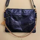 Fuego Crackled Vegan Leather Zipper Envelope Bag Clutch Navy Blue 2 strap choice