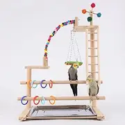 Bird Play Stand, Wooden Bird Playground, Bird Stands for Parrots, Parakeet Playground, Parrot Toy Swing Ladder Suspension Ring, Exercise Playgym with Feeding Cups