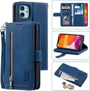 [UEEBAI] Wallet Case for iPhone 11 6.1 inches, Retro 9 Card Holder Slots Zipper Pocket Handbag Case PU Leather Magnetic Closure Kickstand with Wrist Strap TPU Shockproof Flip Case - Blue