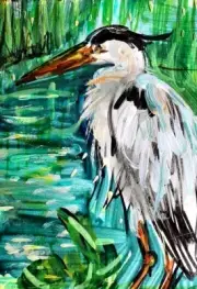 ORIGINAL ACEO Painting Great BLUE HERON Bay Water BIRD Spring Flowers Pond ART