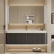 ZGNBSD 68 in Modern Solid Wood Bathroom Vanity with Sink - LED Anti-Fog Mirror | Stylish Bathroom Vanity Cabinet with Smart Sensor Lighting | Soft-Close Drawers | Seamless Ceramic Basin | Black