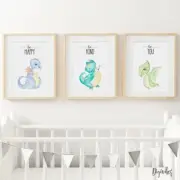 Nursery Bedroom Wall Art prints. Set of three wall decor, watercolour dinosaurs