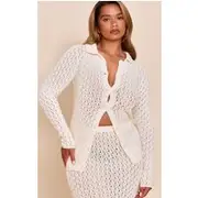 Shape Cream Crochet Button Front Polo Top, Cream