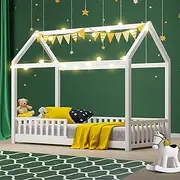 OIKITURE 12CM Height House Bed for Kids with Guard Rails - Wooden Platform Bed Frame with Roof, No Box Spring Needed Easy Assembly, for Girls Boys Bedroom, 150KG Weight Capacity, Single Size, White
