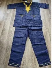 African Embroidered Dashiki Pant Set With Kufi Hat Navy Blue Gold One Size Men’s