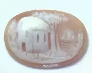 NOS Antique Hand Carved Oval Shell CAMEO Stone House & Tree Scene #N441
