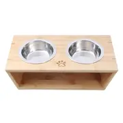 Charlies Pet Natural Bamboo Pet Feeder With Stainless Steel Bowls