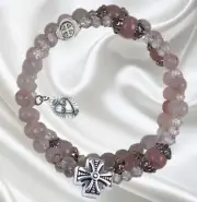 Five Decade Rosary Bracelet, Rose Quartz Beads, Memory Wire Silver Tone Accents