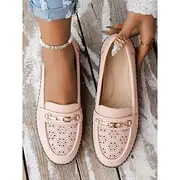 Women's Pink Loafer Moccasins - Breathable Hollow-Out Slip-On Flats with Metal Accent for Casual Workwear
