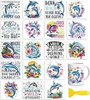 Rub on Transfers for Crafts,18 Sheets 3.9 x 3.6 Inch Watercolor Decals Transfer Stickers Dolphin for DIY Glass Cup