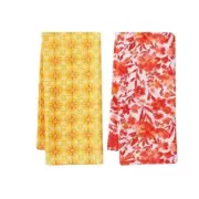 Pioneer Woman Painterly Kitchen Towels Floral Yellow Red Coral Cotton Set of 2