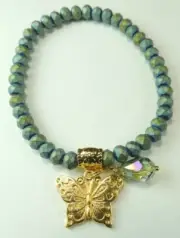 Green Crystal Stretch Bracelet with Butterfly Briolette Crystal Handmade Jewelry