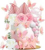 Shimeyao 52 Pcs Flower Toppers for Cake Boho Cake Topper Flower Butterfly Decorations Palm Leaves Balls Cupcake Toppers for Birthday Wedding Baby Shower Party Decoration (Pink, White)