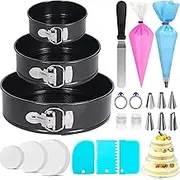 HEYInova Cake Pan Set for Baking, 3 Round Non Stick Springform Pan Set (6, 8, 10inches), Icing Tips, Disposable Piping Bags – with 60 Pcs Parchment Paper Liners (103pcs)