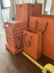 Lot of REAL 9 HERMES BOXES, 4 BAGS AND 7 RIBBON 3 Fabric Bags- Great Condition!