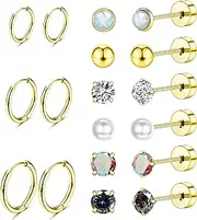 [Gokeey] 9 Pair Flat Back Earrings for Women Men, Hypoallergenic Surgical Steel Earrings for Sensitive Ears, Stainless Steel Small Stud Hoop Earrings, Silver Cartilage Hoop Earring Sets for Multiple