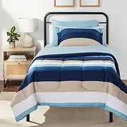 Amazon Basics Lightweight Microfiber Bed-in-a-Bag Comforter 5-Piece Bedding Set, Twin/Twin XL, Blue Stripe, Striped