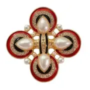 Retro Brooch Red & Black Enamel with Imitation Pearls Gold Tone