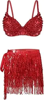 [TiaoBug] Women Sequin Skirt and Top Tassel Outfit Set Sparkly Belly Dance Costume Bra Tops and Fringe Skirts Sets