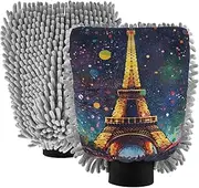 XYMZR Eiffel Tower Dots Night Car Absorbent Microfiber Car Wash Mitt, Funny Cute Anime Scratch Free for Cars Cleaning, Home Cleaning Mitts, 2 Pack, 10.24” L x 7.09” W