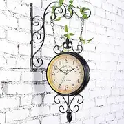 Outdoor Garden Hanging Clock Double Sided Round Wall Mounted Hanging Iron Clock Mute On Time for Home Living Room Bar - Wall Clocks Vintage