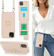 Lipvina for iPhone 11 Pro Phone Case with Card Holder and Strap for Women,Crossbody Lanyard,Kickstand Ring Stand,Snap Clasp,Phone Wallet Cases 5.8 inch(Beige)