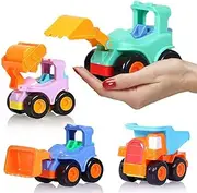 BEESTECH Toy Cars for 2,3,4,5 Year old Boys Girls Toddlers, Friction Powered Cars, Push and Go Construction Truck Toys, Pull back and Go Vehicles with Dumper Road Roller Bulldozer Excavator 4 Pack Gif