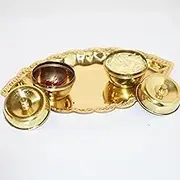 JAIN ART VILLA Brass Kumkum Sindoor Chandhan Holder Plate for Pooja/Worship 2 Bowl- 5" Leaf Design Pooja Plate