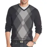 Van Heusen Men’s Gray Black Argyle V-Neck Pullover Sweater Size L