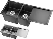 ALFORDSON Stainless Steel Kitchen Sink Double Bowls with Drainboard & Waste Strainers, 1000mm x 450mm x 205mm, Water Basin Sinks with 3mm Thick Edge, Dishwashing Workstation, Black Color