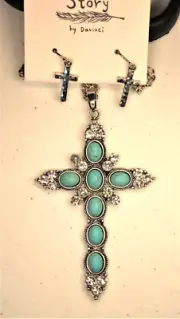 Necklace Earring Set Faux Turquois Rhinestone Silver Tone Story Davinci