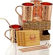 Pure Copper Straight Style Hammered Mugs, Copper Glass- Set of 4 – Premium Quality – 100% Handcrafted - Food Safe - Pure Solid Copper Mugs 16 oz Hammered with Bonus: Copper Straws and Coasters - Gift Set