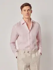 Hawes & Curtis Pink Pure Linen Slim Shirt | One Piece Collar | Full Cutaway Size: XL