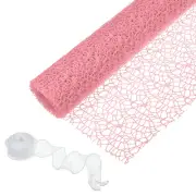Flower Wrapping Mesh Paper, 15ft Floral Bouquet Craft Package with Ribbon, Pink