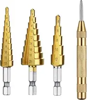 3 Pcs HSS Titanium Step Drill Bit Set & 1 Pcs Automatic Center Punch Hand Tool Accessories