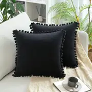 2x Square Throw Pillows with Cute Pom-poms for Couch Sofa Bedroom Decor (Inserts + Pillow Covers,Black)