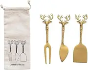 Creative Co-Op Reindeer Handle Brass Cheese Knives, Brass, Set of 3