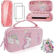 Pink Unicorn Carrying Case Compatible with Nintendo Switch Lite with Crystal Glitter Soft Protective Case Cover+Screen Protector+Stickers, Hard Storage Case Accessories Kit for Girls Birthday Gift