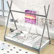 Wood Montessori Floor Bed Frame Twin Size, Twin Floor Bed with Slats and Triangle Structure, Kids Floor Bed Twin Size/Montessori Bed for Kids, Girls, Boys, Twin Bed Frame Gray
