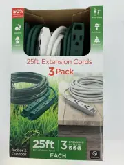 Jasco 25 ft Outdoor Extension Cords - 3 Grounded Outlets - 3 Pack