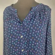 Talbots Women's Navy Blue Blouse Shirt Button Up Anchor Print anchors NEW Small