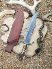 Custom Handmade Antler Bowie Knife, Stag Bowie, Damascus Twist Pattern & 12C27