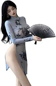 KALWEL,Cheongsam Dress for Women,Chinese Mesh Collar Cheongsam,See-Through Printed Sexy Dress,Sexy Cheongsam Lingerie Blue